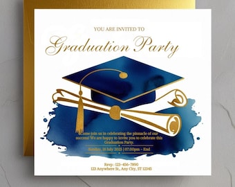Plantilla de invitación de graduación birrete azul marino y dorado anuncio de diploma editable descarga digital