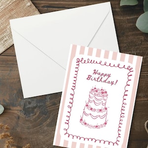 Puede incluir: Un sobre blanco y una tarjeta de felicitaci&oacute;n con un fondo a rayas rosas y blancas. La tarjeta presenta una ilustraci&oacute;n rosa de una tarta de varios pisos con cerezas y las palabras "Happy Birthday!" en rosa, rodeadas por un borde rosa.