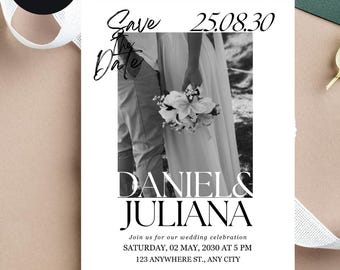 Invitación boda minimalista blanco y negro con foto, plantilla digital Canva editable, imprimible, descarga instantánea, decoración boda