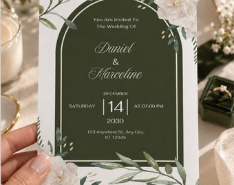 Green Floral Wedding Invitation Printed Card Personalized Botanical Invite Elegant White Flower Stationery