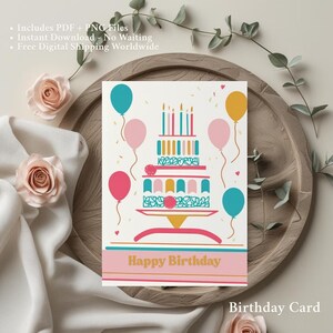 Rainbow Birthday Card Digital Template Printable Colorful Balloons Cake Theme Greeting Card for Adults Kids Friends Party Wishes Card Set