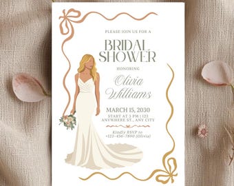 Invitación a ducha nupcial vestido sirena diseño elegante champaña editable imprimible descarga digital