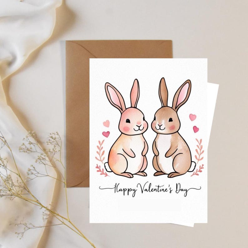 Sweet Bunny Couple Printable Valentine’s Day Card Template for Partner Boyfriend Girlfriend DIY Love Greeting Cute Romantic Animal Design