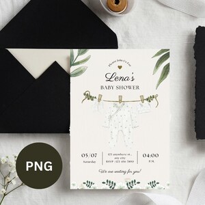 Modello di invito per baby shower, design acquerello bianco e verde, biglietto personalizzabile stampabile, invito modificabile per genere, bambina, bambino, festa del bambino