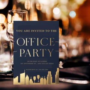 Invitación para fiesta de oficina, tarjeta dorada moderna para evento empresarial, anuncio de celebración corporativa personalizada, invitación personalizable, decoración para fiesta