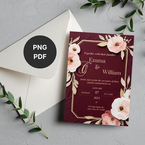 Burgundy Pink Floral Wedding Invitation Template Elegant Gold Accent Digital