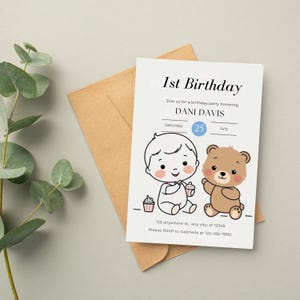 Faire-part premier anniversaire minimaliste Modèle d'anniversaire unisexe personnalisable numérique pour célébration Carte d'anniversaire design minimaliste et chic