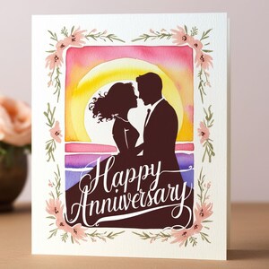 Tarjeta de aniversario de boda en la playa para sus nuevos padres. Tarjeta de matrimonio para clientes. Imprimible. Descarga digital de primavera. Plantilla de aniversario para boda.