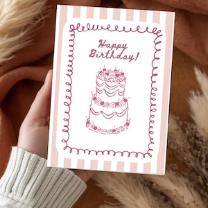 Pinky birthday card digital Canva template printable cake design greeting gift card for daughter instant download pastel pink tones with cake illustration modern clean layout ready to print in PNG and PDF format perfect for a thoughtful and charming birthday greeting