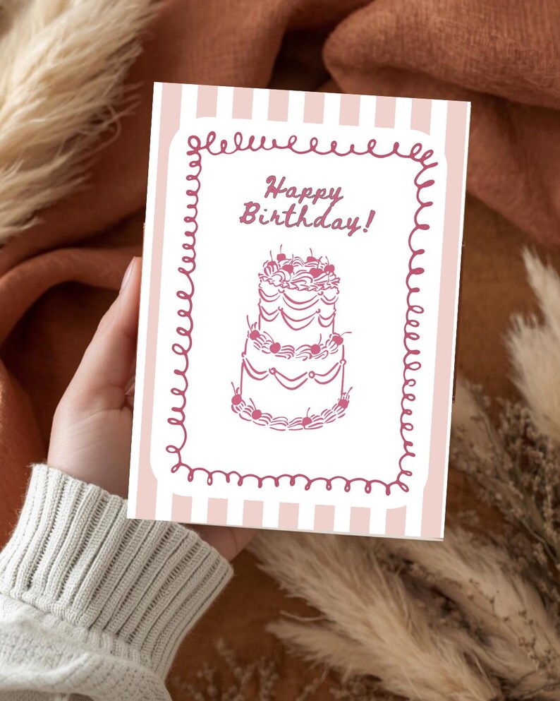 Pinky birthday card digital Canva template printable cake design greeting gift card for daughter instant download pastel pink tones with cake illustration modern clean layout ready to print in PNG and PDF format perfect for a thoughtful and charming birthday greeting