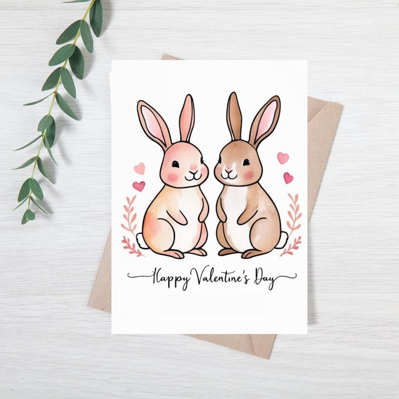 Cute Bunny Couple Valentine Card Template Printable DIY Love Greeting for Partner Boyfriend Girlfriend Anniversary Sweet Animal-Themed Design