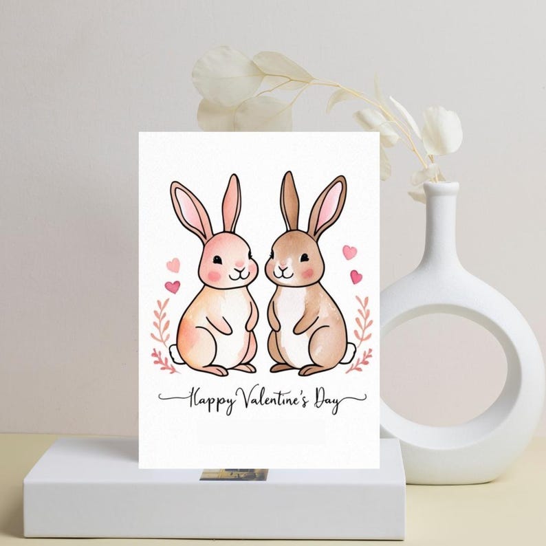 Adorable Bunny Valentine Card Template Printable Cute Couple Design for Boyfriend Girlfriend Partner Anniversary DIY Love Greeting Card