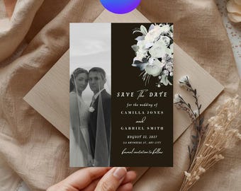 Plantilla invitación boda blanco y negro floral diseño elegante editable en Canva imprimible descarga digital decoración fiesta boda