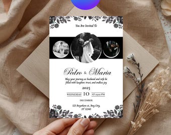Plantilla invitación boda digital para tarjeta de novios papelería elegante editable en Canva descarga instantánea personalizada