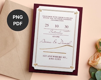 Plantilla de Invitación de Boda Elegante en Burdeos y Dorado, Diseño Digital Moderno, Editable e Imprimible, Descarga Digital