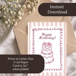 Birthday card digital pinky cake design Canva template printable greeting gift card for daughter instant download soft pink colors with charming cake illustration clean modern layout ready to print in PNG and PDF format ideal for celebrating daughters special day