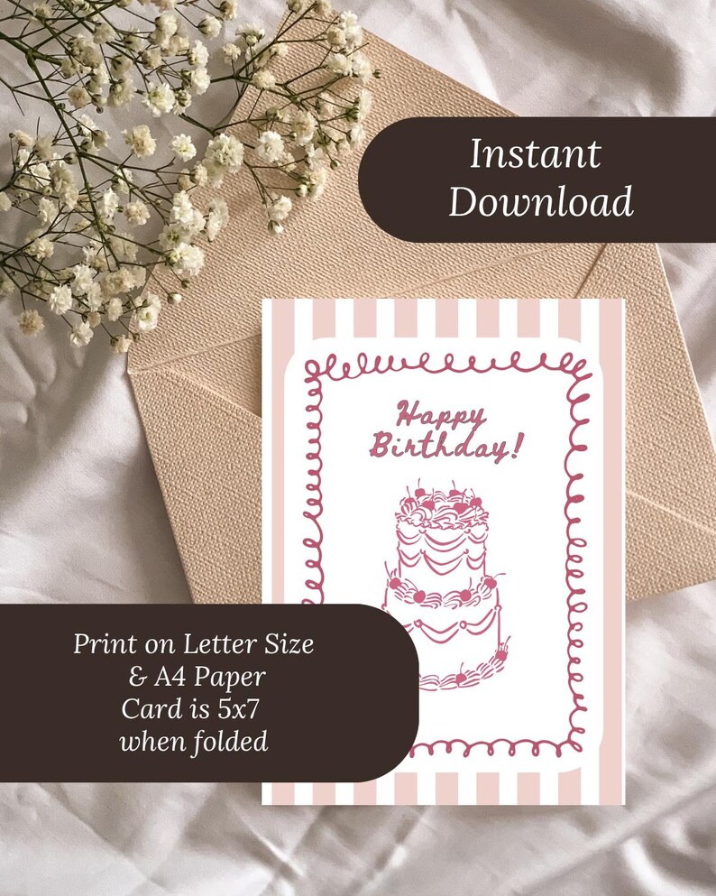 Birthday card digital pinky cake design Canva template printable greeting gift card for daughter instant download soft pink colors with charming cake illustration clean modern layout ready to print in PNG and PDF format ideal for celebrating daughters special day