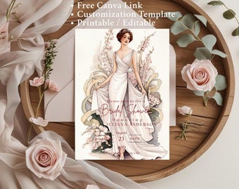 Invitación a ducha nupcial vintage novia retro diseño floral rosa imprimible descarga digital plantilla