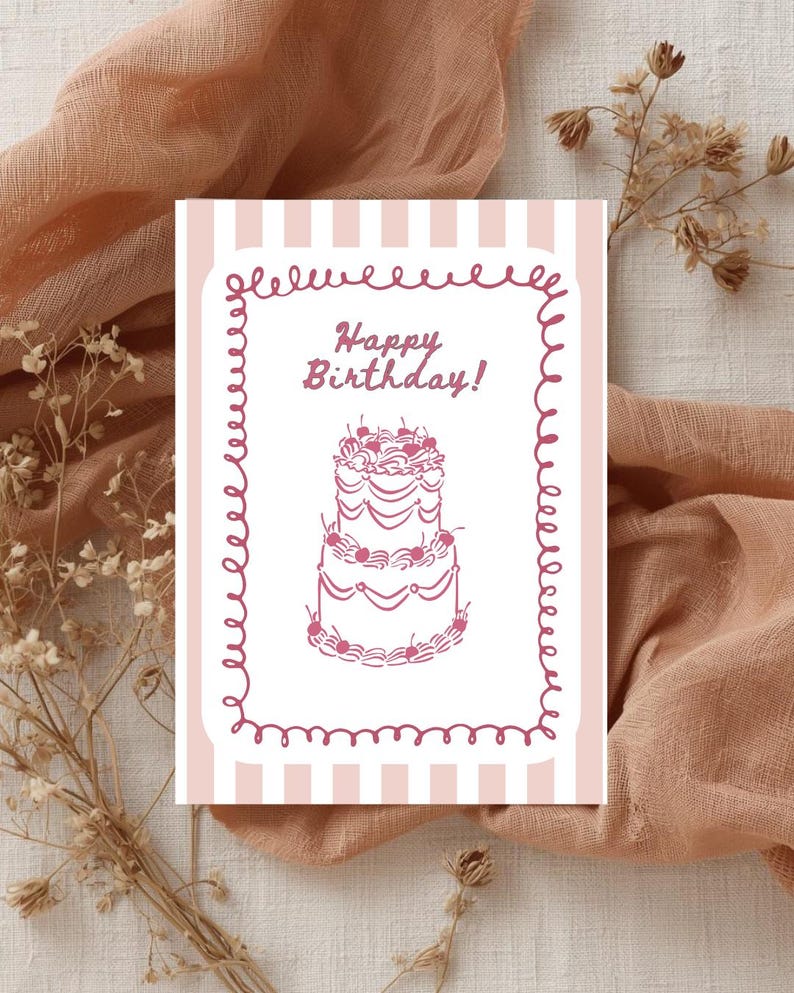 Puede incluir: Tarjeta de felicitaci&oacute;n de cumplea&ntilde;os con fondo a rayas rosas y blancas. La tarjeta presenta un borde rosa y las palabras "Happy Birthday!" encima de una ilustraci&oacute;n de pastel de dos pisos.