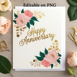Plantilla de tarjeta de aniversario floral, romántica celebración de boda, elegante saludo de amor, recuerdo, tarjeta de regalo, regalo para pareja feliz, juego de recuerdos, decoración