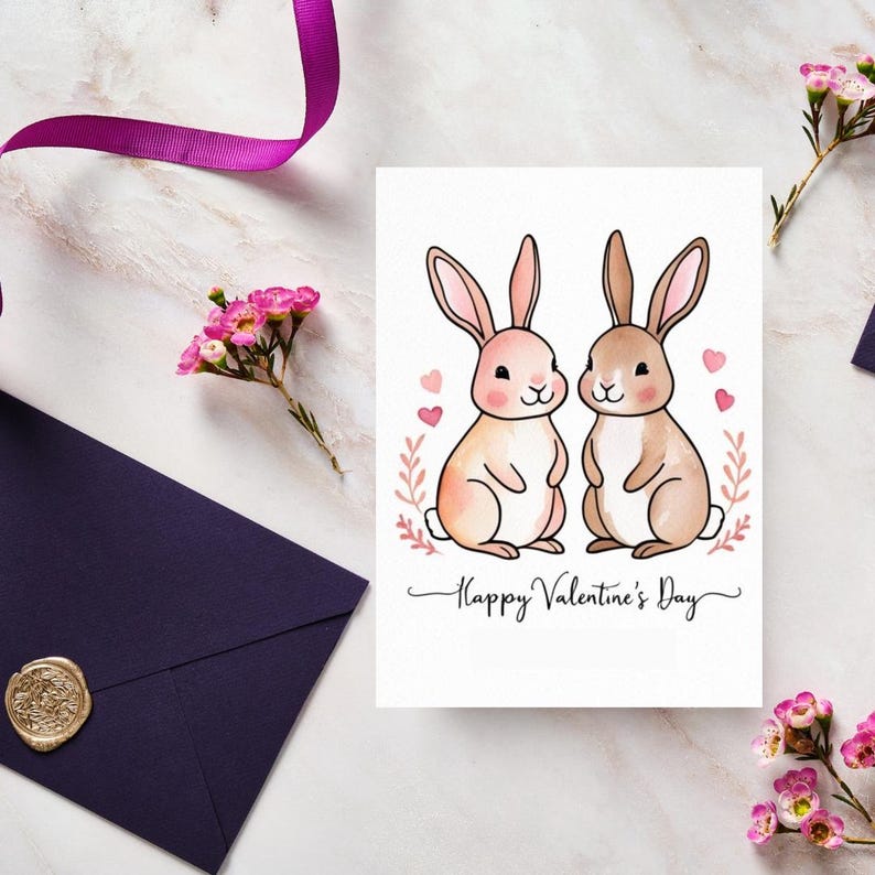 Whimsical Bunny Couple Valentines Day Card Template Printable DIY Greeting for Boyfriend Girlfriend Partner Anniversary Cute Animal Art