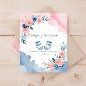 Cartão de anúncio de gravidez floral azul rosa, revelação do sexo do bebê, design floral, revelação da gravidez, lembrança, modelo de celebração