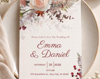 Botanical Floral Wedding Invitation: Cream Green Rustic Garden Stationery Printed Card
