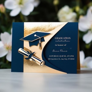 Modello di invito di laurea Design del tocco Annuncio del diploma blu oro Invito personalizzato Decorazione per feste Modello di celebrazione Set di bomboniere