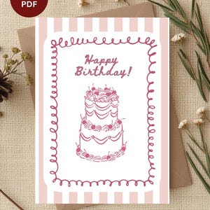 Pinky birthday card digital Canva template cake design printable greeting gift card for daughter instant download soft pastel pink tones with cute cake illustration elegant layout ready to print in PNG and PDF format perfect for a sweet and thoughtful birthday gift