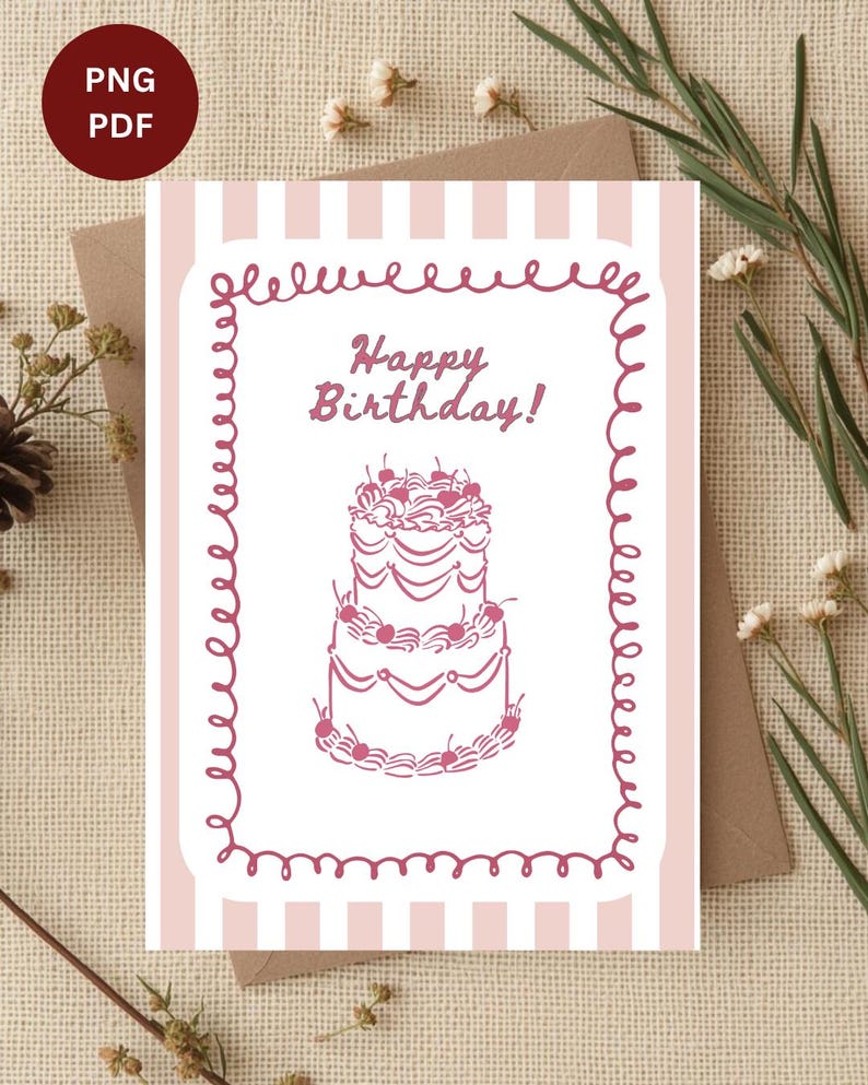 Pinky birthday card digital Canva template cake design printable greeting gift card for daughter instant download soft pastel pink tones with cute cake illustration elegant layout ready to print in PNG and PDF format perfect for a sweet and thoughtful birthday gift