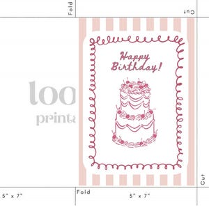 Printable pinky birthday card digital Canva template cake design greeting gift card for daughter instant download soft feminine colors with cute cake artwork elegant layout ready to print in PNG and PDF format ideal for a memorable birthday celebration