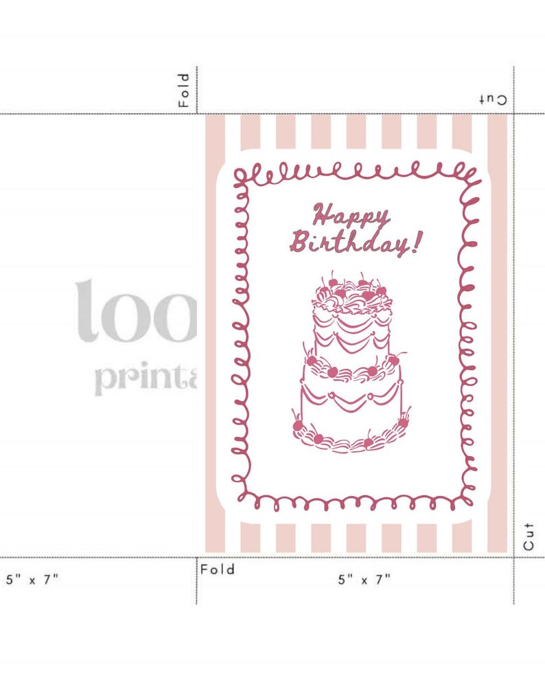 Printable pinky birthday card digital Canva template cake design greeting gift card for daughter instant download soft feminine colors with cute cake artwork elegant layout ready to print in PNG and PDF format ideal for a memorable birthday celebration