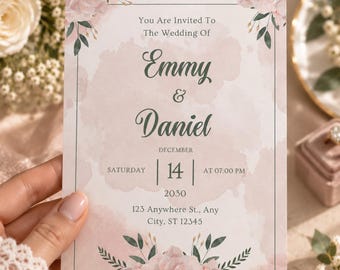 Blush Watercolor Wedding Invitation Printed Card Romantic Peony Customizable Pink Floral Ceremony Stationery