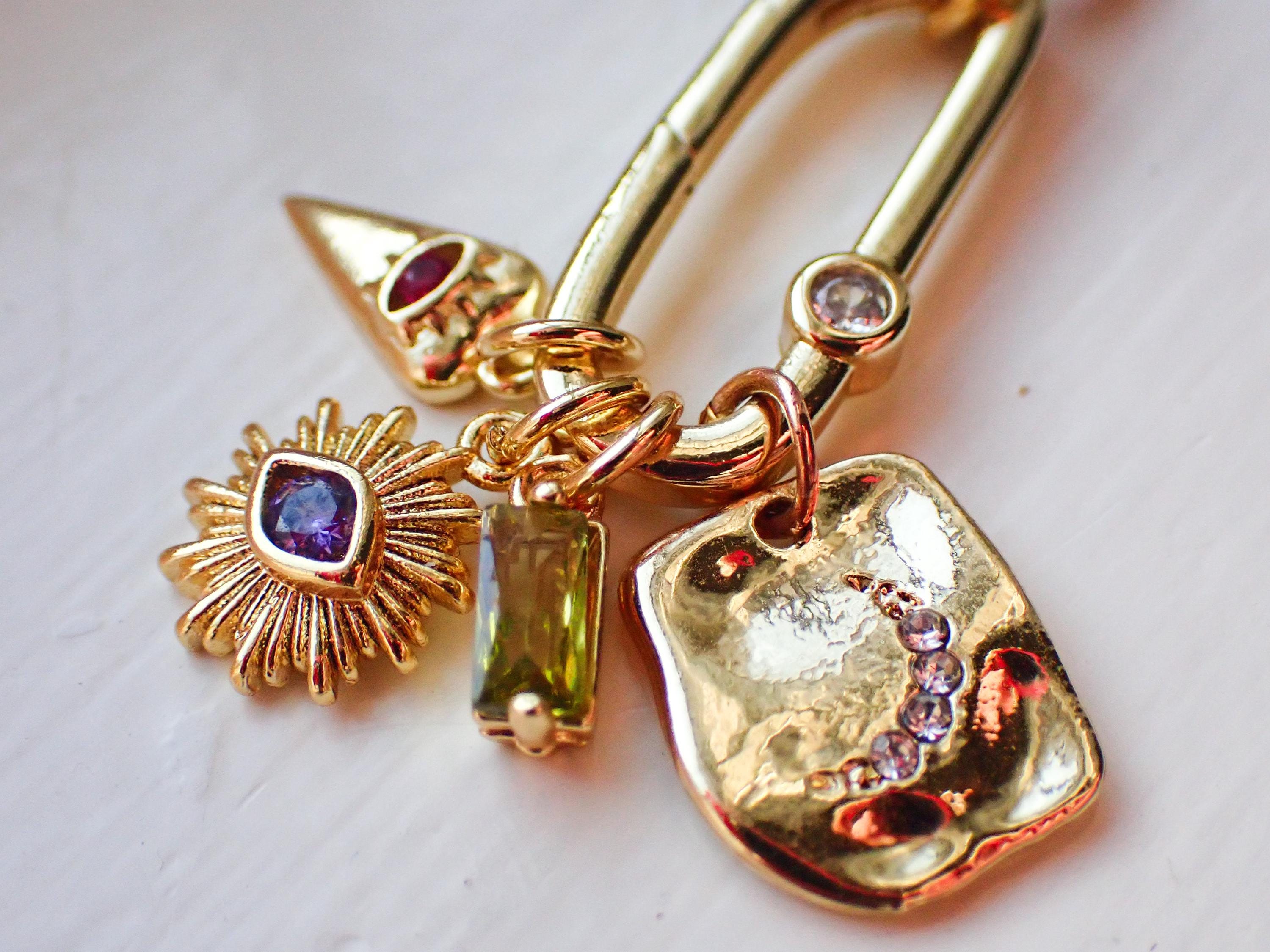 gold personalized charm necklace,gold carabiner necklace,gold carabiner charm,twisted gold chain,16 inch gold chain,gold sun charm,birthston
