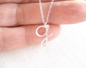 Personalized Cursive Initial Necklace, Sterling Silver Wire Wrapped Pendant