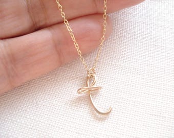 Personalized Initial Necklace...Gold filled, Sterling silver or Rose gold, handmade wire wrapped cursive initial for everyday, bridesmaid