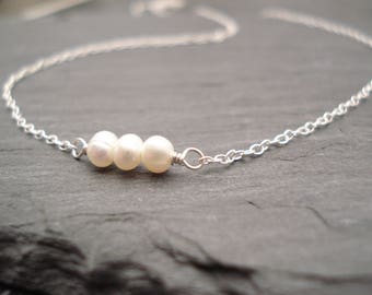 Cultured Freshwater Pearl Necklace...3 tiny pearls hand wrapped, simple everyday, layering, Delicate minimalist, wedding, bridesmaid gift