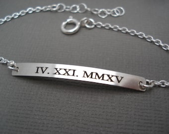 Personalized Sterling Silver Name Bar Bracelet, Engraved Roman Numerals