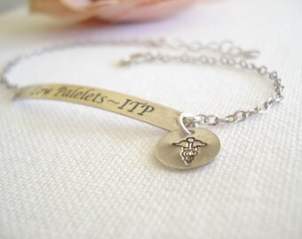 Personalized Medical Bracelet...Sterling silver Bar with a Caduceus Symbol charm, Custom Medical Alert Words, Name, Coordinates plate bar