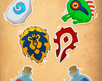 Wow Gaming Sticker Set - RPG Potion and Warcraft Icon Vinyl Stickers - Gamer Gift - 4-6 cm