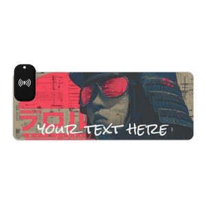 Cyberpunk Samurai LED Gaming Mousepad | Wireless Charging Japanese Warrior Desk Mat | Anime Gaming Pad Custom