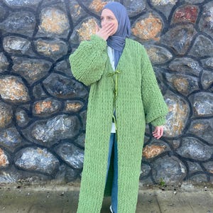 Olive Cardigan with Long Voluminous Sleeves Plush Cozy Knitted Cardigan Warm Knitted Sweater Gift for her