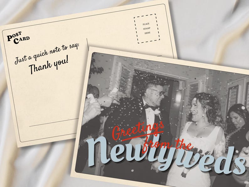 Customizable wedding thank you card template with retro postcard design and “Greetings from the Newlyweds” text. Editable Canva file with vintage aesthetic, used old paper style, and space for a wedding photo. Backside styled like a postcard for handwritten or digital notes. Perfect for newlyweds, printable wedding photo cards, modern vintage stationery, and travel-inspired wedding thank you cards. Canva template for wedding thank you photo card.