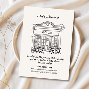 Café Bébé Baby Shower Invitation | Chic Parisian Home Coffee Shop Brunch | Editable Canva Template | Gender Neutral Pastel Colors | Digital