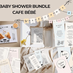 Editable Café Bébé Baby Shower Party Template Bundle | Hand Drawn Menu, Placemat, Place Cards, Bunting Garland & Games | Printable DIY Canva