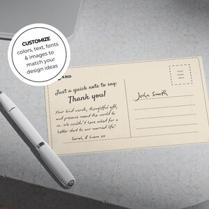 Customizable wedding thank you card template with retro postcard design and “Greetings from the Newlyweds” text. Editable Canva file with vintage aesthetic, used old paper style, and space for a wedding photo. Backside styled like a postcard for handwritten or digital notes. Perfect for newlyweds, printable wedding photo cards, modern vintage stationery, and travel-inspired wedding thank you cards. Canva template for wedding thank you photo card.
