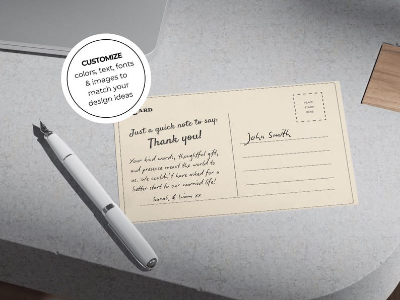 Customizable wedding thank you card template with retro postcard design and “Greetings from the Newlyweds” text. Editable Canva file with vintage aesthetic, used old paper style, and space for a wedding photo. Backside styled like a postcard for handwritten or digital notes. Perfect for newlyweds, printable wedding photo cards, modern vintage stationery, and travel-inspired wedding thank you cards. Canva template for wedding thank you photo card.