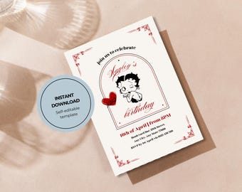 May include: A printable birthday party invitation featuring a cartoon character with a red heart and the text "Join us to celebrate Hayley's birthday. 16th of April | from 8PM Boulevard Bar, 25th Street, Any City, Any State 77000 RSVP by 1st April via 0123 136 700"