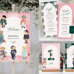 Ralph Lauren Polo Bear Girl Baby Shower | Welcome Sign Table Number Menu Card Decor Classic Plaid Equestrian Editable Template Luxury Teddy