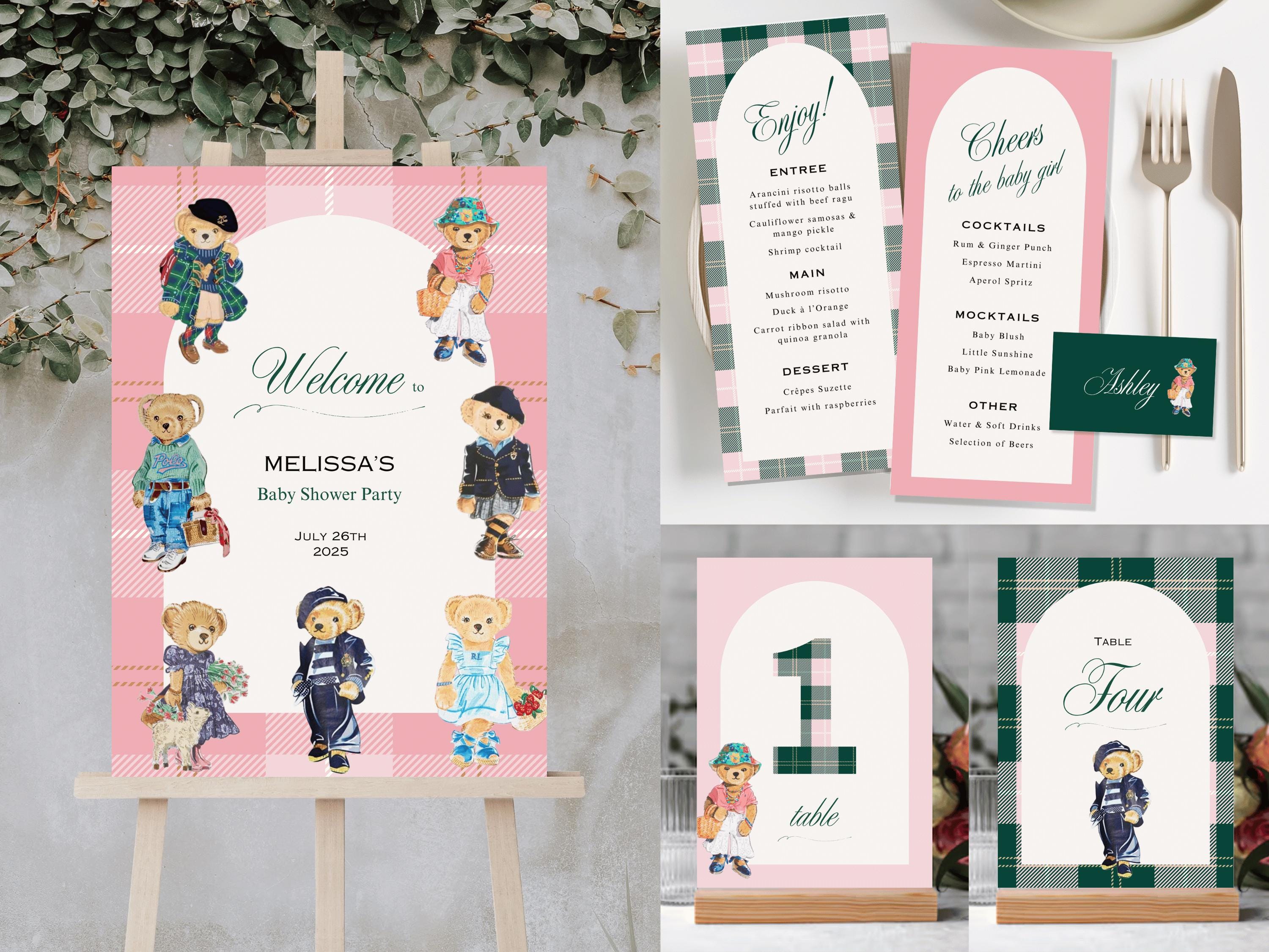 Ralph Lauren Polo Bear Girl Baby Shower | Welcome Sign Table Number Menu Card Decor Classic Plaid Equestrian Editable Template Luxury Teddy